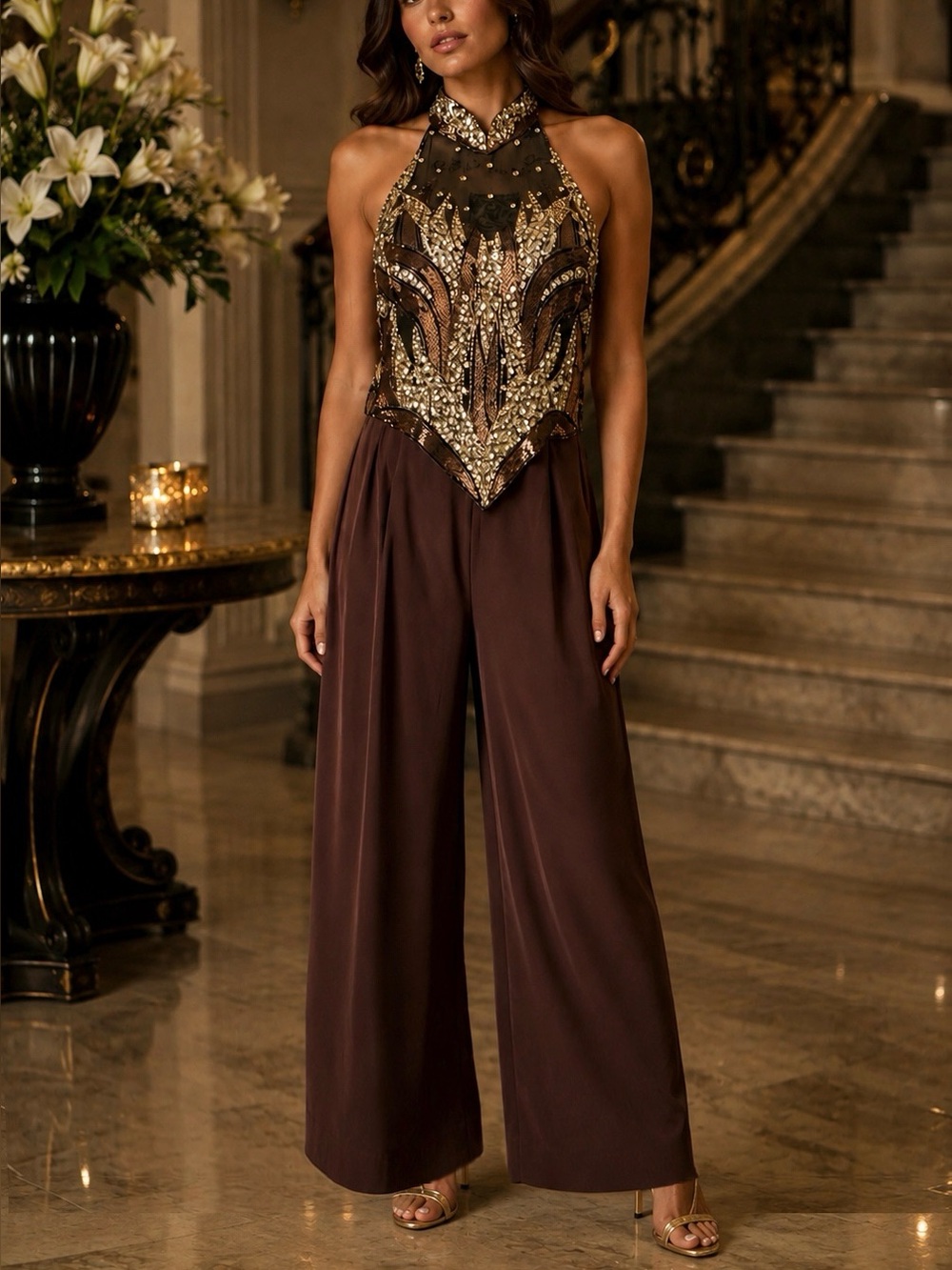 Alyce Designs VTG Silk Embellished Halter Wide Leg Jumpsuit